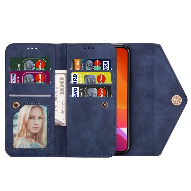 N.BEKUS For iPhone 15 Pro Max Zipper Pocket Leather Case Stand Wallet Phone Cover with Short + Long Strap - Blue