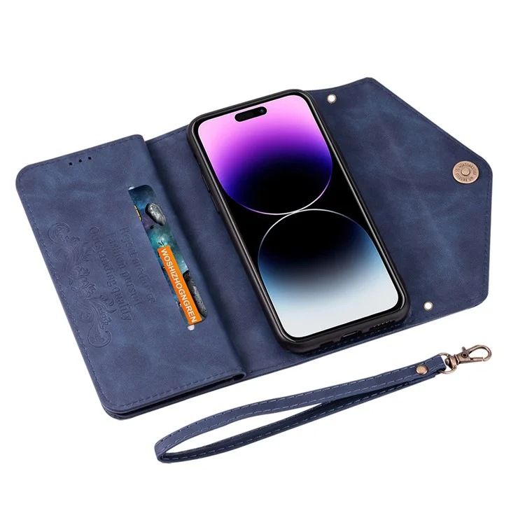 N.BEKUS For iPhone 15 Pro Max Zipper Pocket Leather Case Stand Wallet Phone Cover with Short + Long Strap - Blue