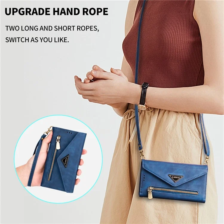 N.BEKUS For iPhone 15 Pro Max Zipper Pocket Leather Case Stand Wallet Phone Cover with Short + Long Strap - Blue