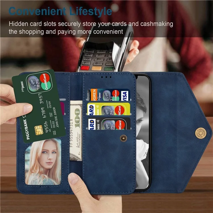 N.BEKUS For iPhone 15 Pro Max Zipper Pocket Leather Case Stand Wallet Phone Cover with Short + Long Strap - Blue