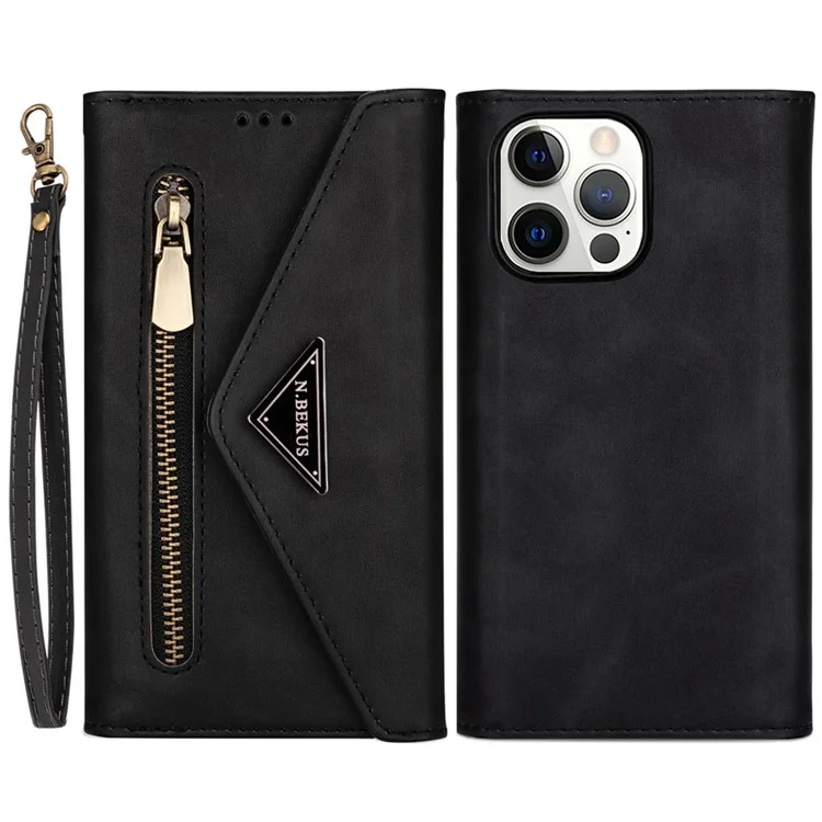 N.BEKUS Für iPhone 15 Pro Wallet Phone Leather Case Zipper Pocket Stand Phone Cover mit kurzem + langem Riemen - Schwarz