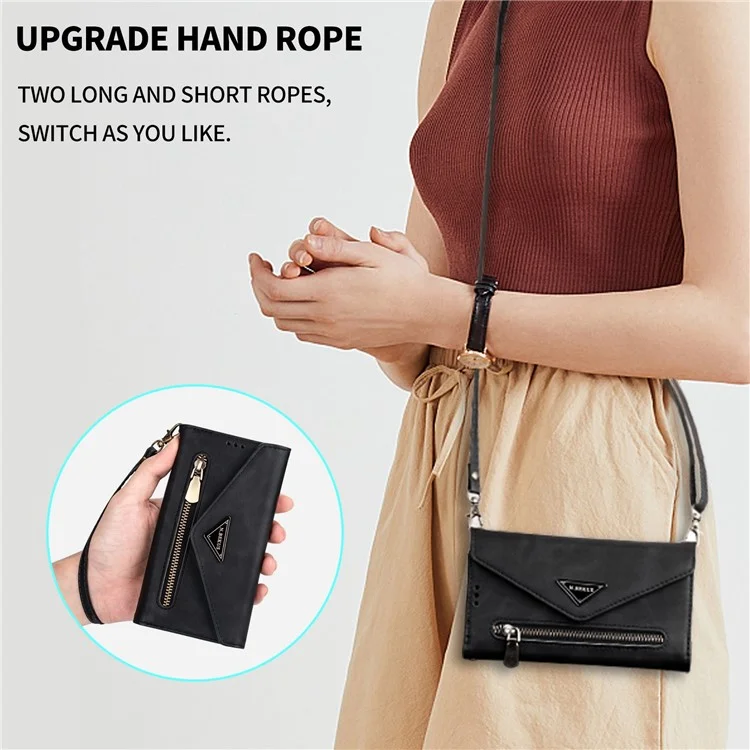 N.BEKUS Für iPhone 15 Pro Wallet Phone Leather Case Zipper Pocket Stand Phone Cover mit kurzem + langem Riemen - Schwarz