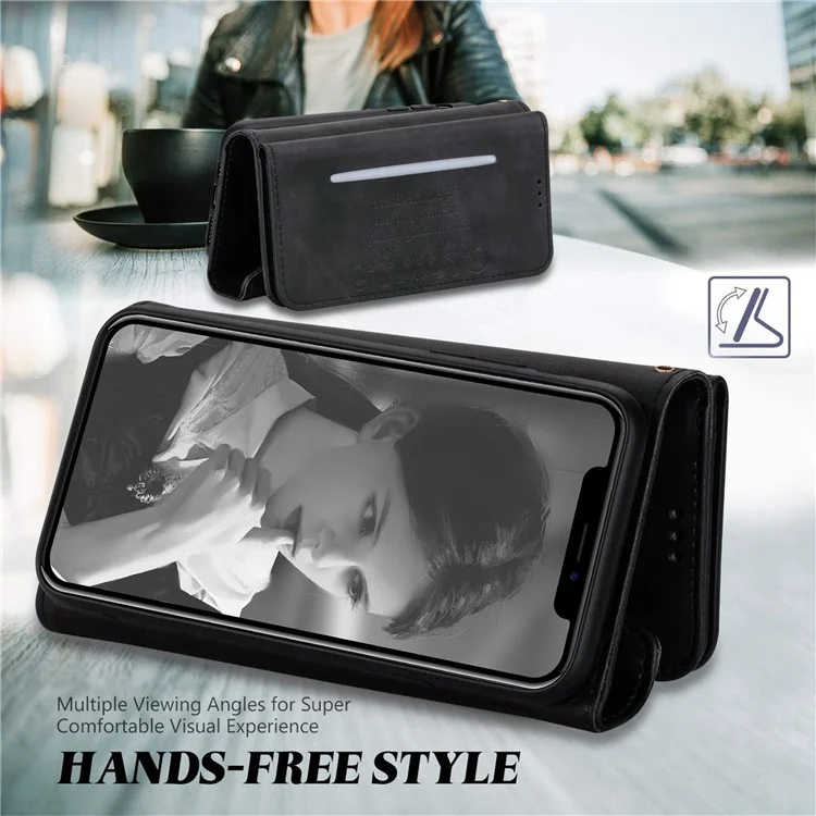 N.BEKUS Für iPhone 15 Pro Wallet Phone Leather Case Zipper Pocket Stand Phone Cover mit kurzem + langem Riemen - Schwarz