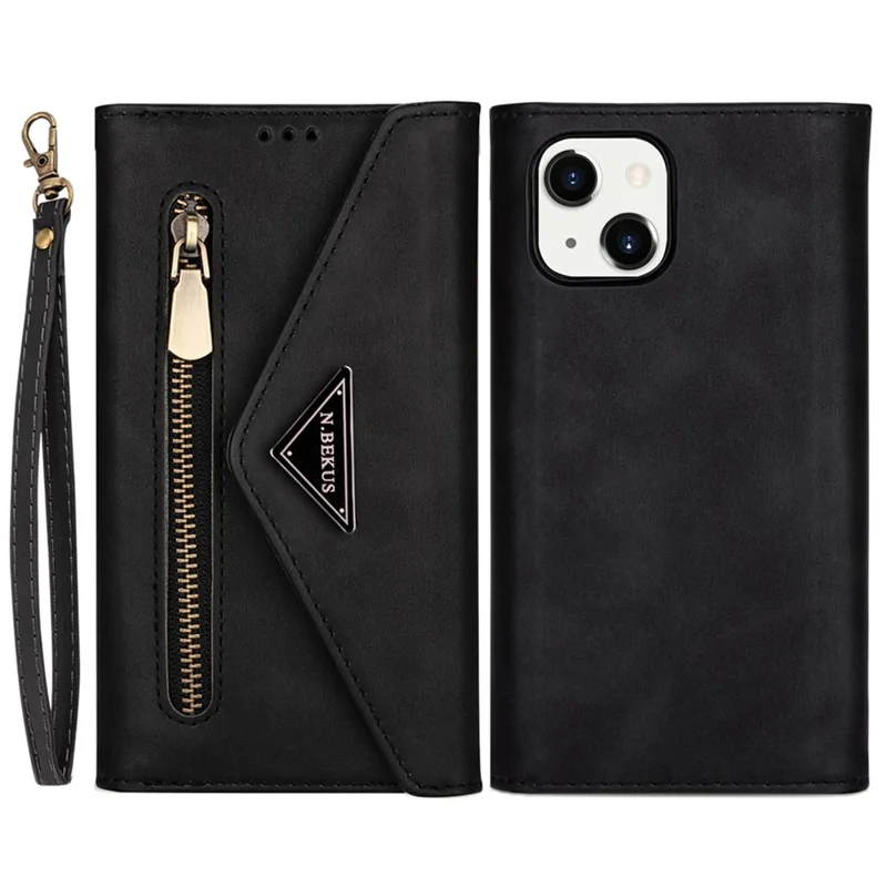 N.BEKUS For iPhone 15 PU Leather Zipper Pocket Wallet Case Phone Stand Cover with Short + Long Strap - Black