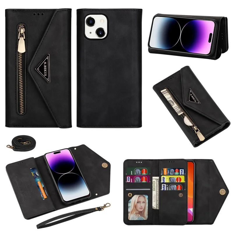 N.BEKUS For iPhone 15 PU Leather Zipper Pocket Wallet Case Phone Stand Cover with Short + Long Strap - Black