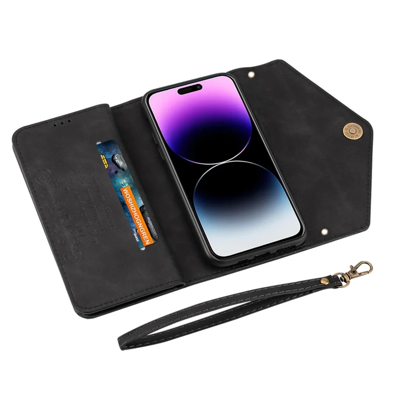 N.BEKUS For iPhone 15 PU Leather Zipper Pocket Wallet Case Phone Stand Cover with Short + Long Strap - Black