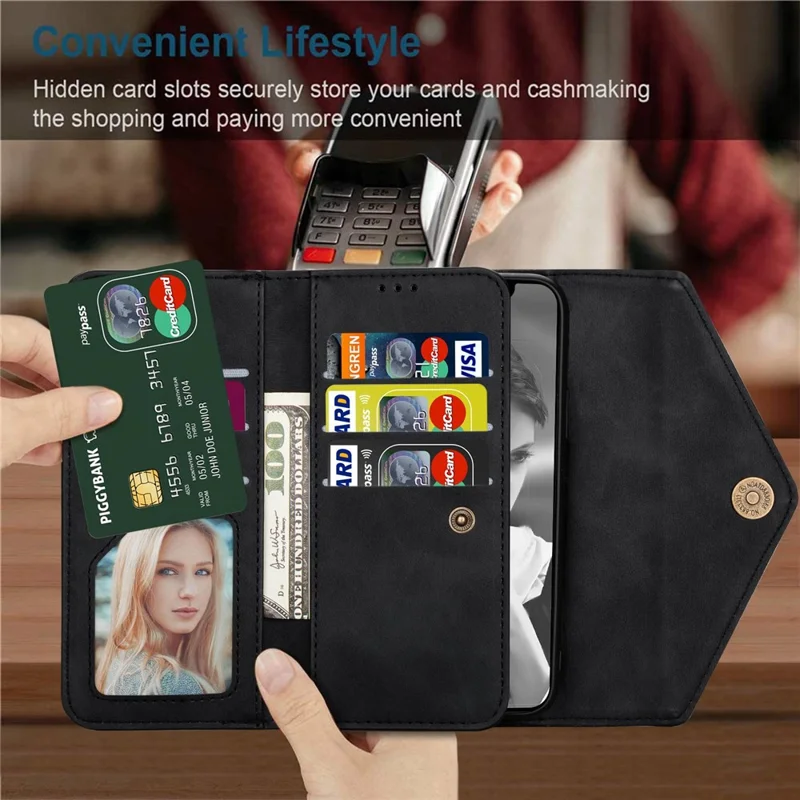 N.BEKUS For iPhone 15 PU Leather Zipper Pocket Wallet Case Phone Stand Cover with Short + Long Strap - Black