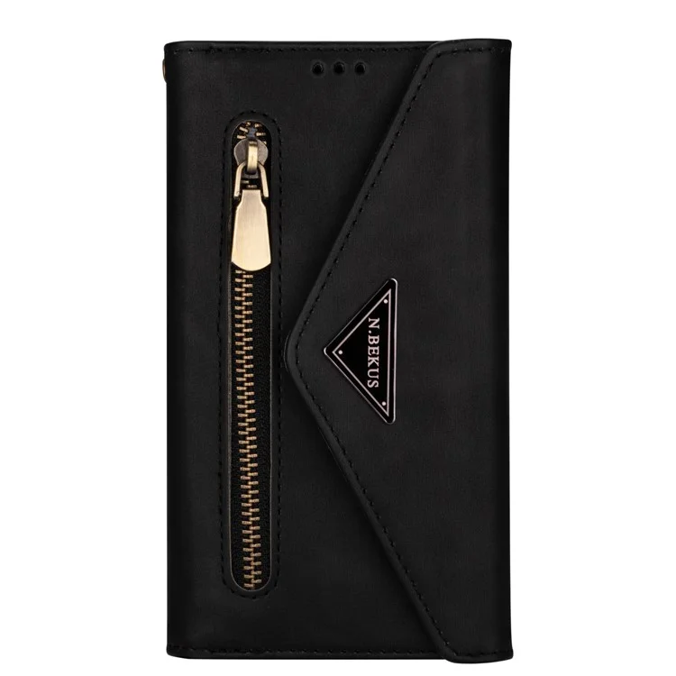 N.BEKUS Für iPhone 15 Plus Wallet Leder Handyhülle Reißverschlusstaschen Ständer Abdeckung mit kurzer + langer Schlaufe - Schwarz
