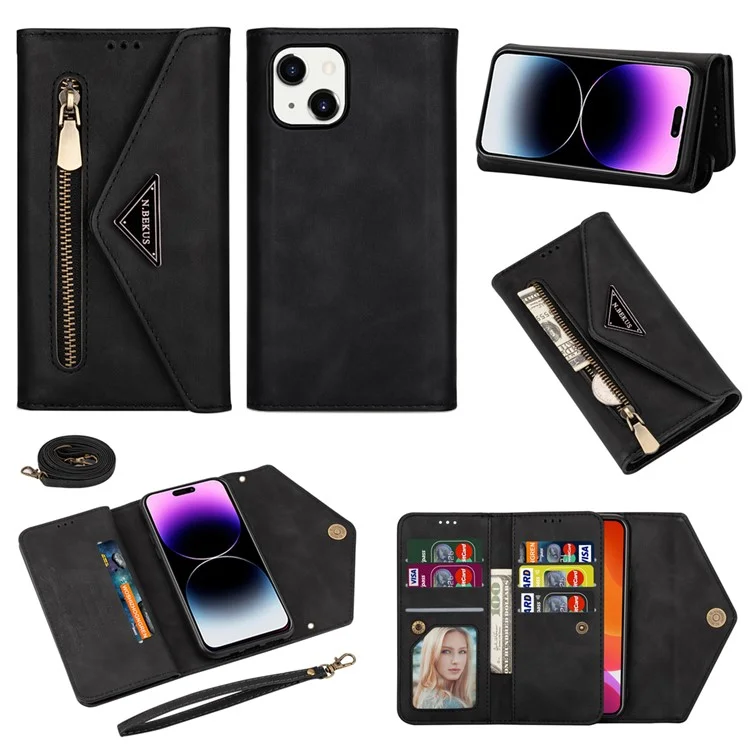 N.BEKUS Für iPhone 15 Plus Wallet Leder Handyhülle Reißverschlusstaschen Ständer Abdeckung mit kurzer + langer Schlaufe - Schwarz