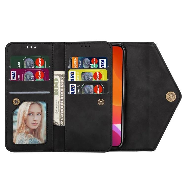 N.BEKUS Für iPhone 15 Plus Wallet Leder Handyhülle Reißverschlusstaschen Ständer Abdeckung mit kurzer + langer Schlaufe - Schwarz