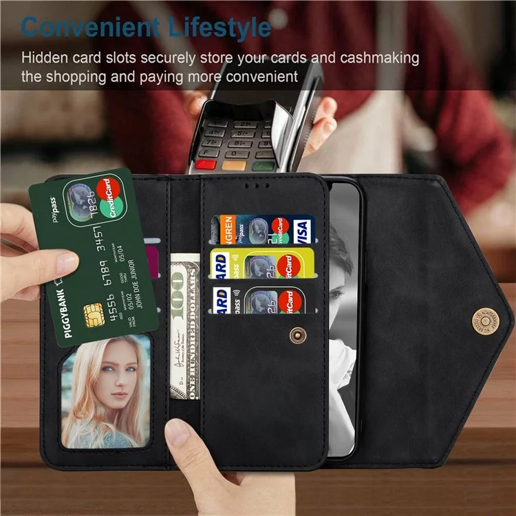 N.BEKUS Für iPhone 15 Plus Wallet Leder Handyhülle Reißverschlusstaschen Ständer Abdeckung mit kurzer + langer Schlaufe - Schwarz
