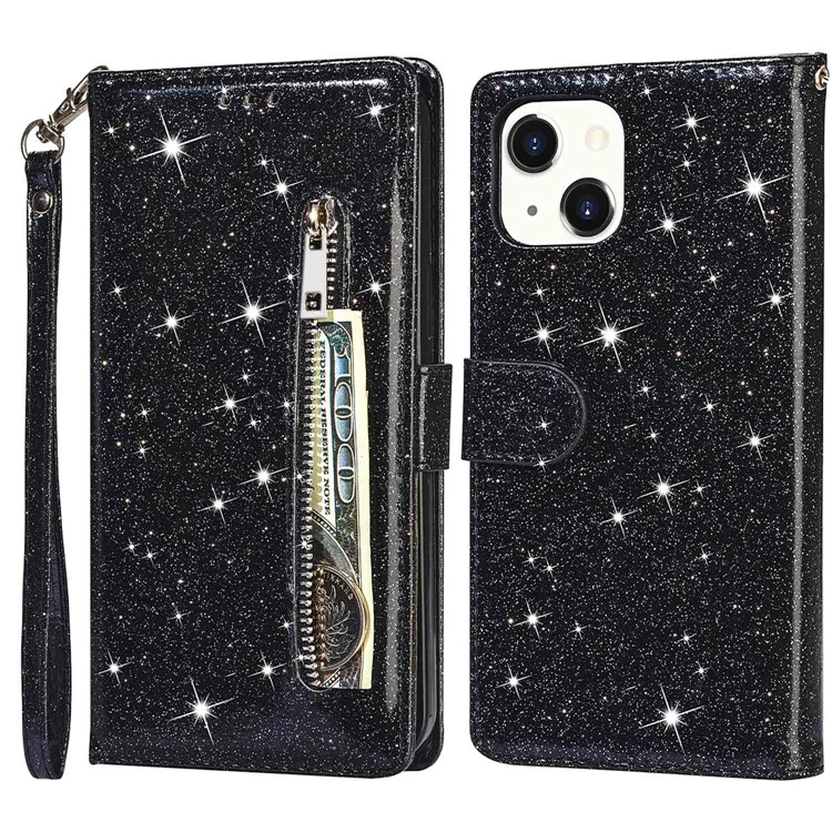 For iPhone 15 Plus Glittery PU Leather Phone Case Zipper Pocket Wallet Phone Stand Cover - Black