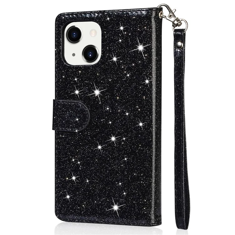 For iPhone 15 Glittery Zipper Pocket Leather Case Wallet Stand Anti-drop Phone Cover - Black