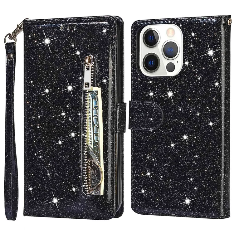 For iPhone 15  Pro Wallet Leather Phone Case Zipper Pocket Stand Glittery Phone Cover - Black