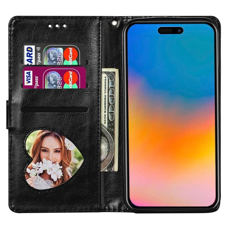 For iPhone 15  Pro Wallet Leather Phone Case Zipper Pocket Stand Glittery Phone Cover - Black
