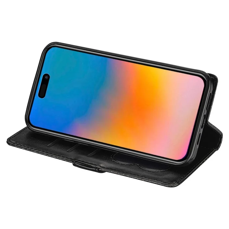 For iPhone 15  Pro Wallet Leather Phone Case Zipper Pocket Stand Glittery Phone Cover - Black