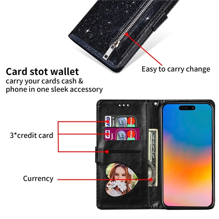 For iPhone 15  Pro Wallet Leather Phone Case Zipper Pocket Stand Glittery Phone Cover - Black