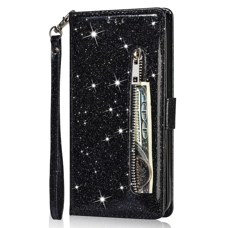 For iPhone 15  Pro Wallet Leather Phone Case Zipper Pocket Stand Glittery Phone Cover - Black