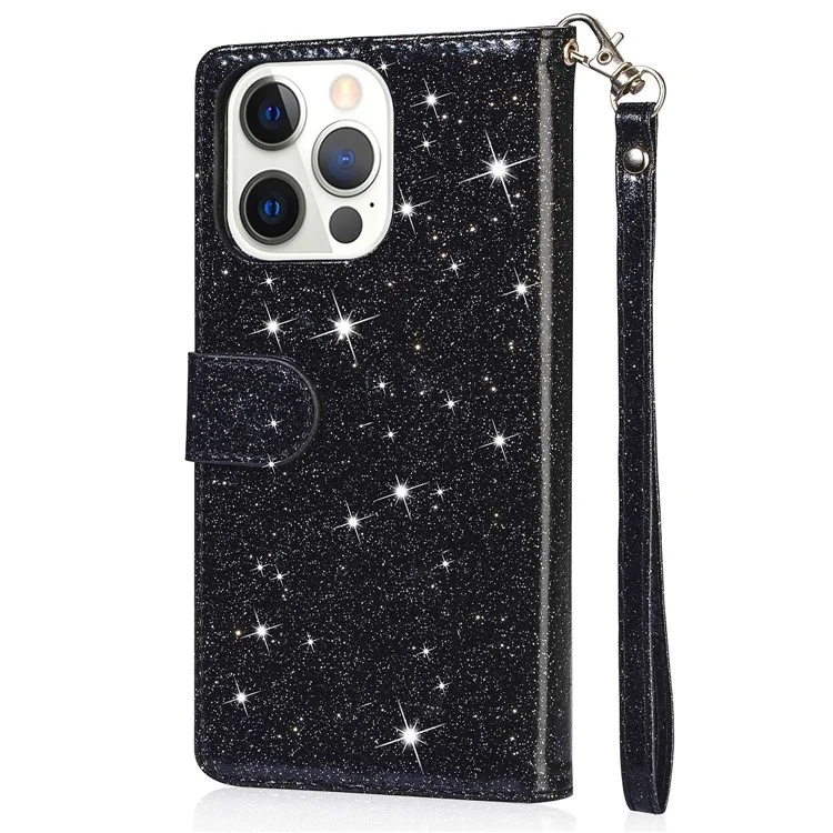 For iPhone 15  Pro Wallet Leather Phone Case Zipper Pocket Stand Glittery Phone Cover - Black