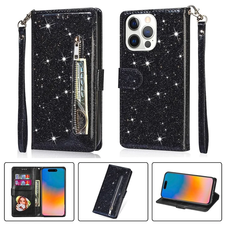 For iPhone 15  Pro Wallet Leather Phone Case Zipper Pocket Stand Glittery Phone Cover - Black