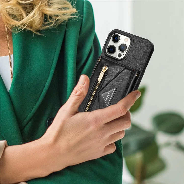 N.BEKUS Funda de Teléfono de Cuero PU + TPU para iPhone 15 Pro Max, Billetera con Bolsillo Con Cremallera y Soporte de Pie con Correa para el Hombro - Negro