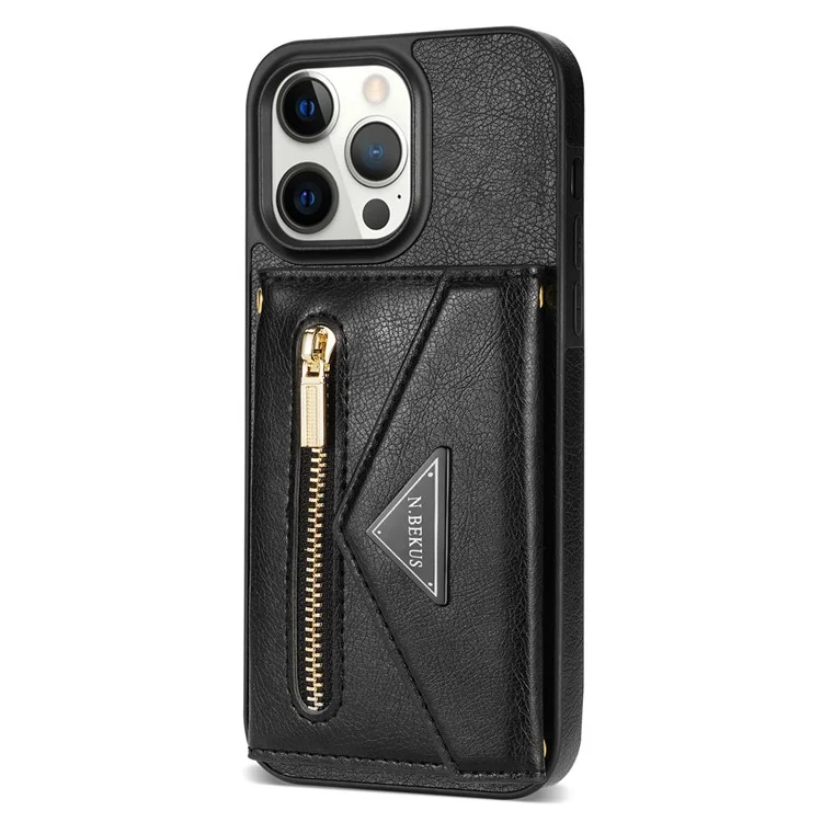 N.BEKUS Funda de Teléfono de Cuero PU + TPU para iPhone 15 Pro Max, Billetera con Bolsillo Con Cremallera y Soporte de Pie con Correa para el Hombro - Negro