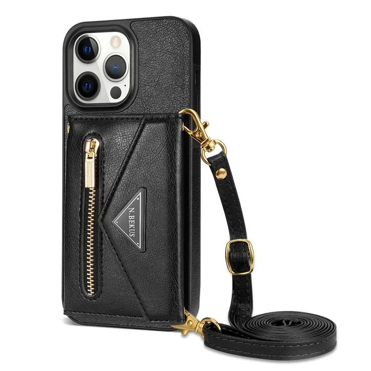 N.BEKUS Funda de Teléfono de Cuero PU + TPU para iPhone 15 Pro Max, Billetera con Bolsillo Con Cremallera y Soporte de Pie con Correa para el Hombro - Negro