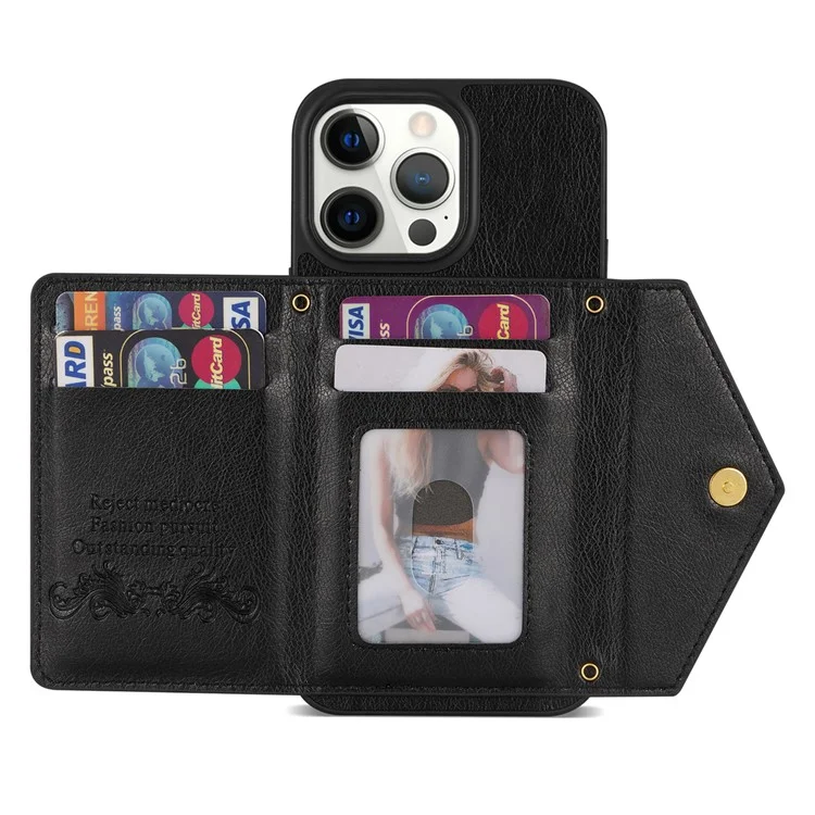 N.BEKUS Funda de Teléfono de Cuero PU + TPU para iPhone 15 Pro Max, Billetera con Bolsillo Con Cremallera y Soporte de Pie con Correa para el Hombro - Negro