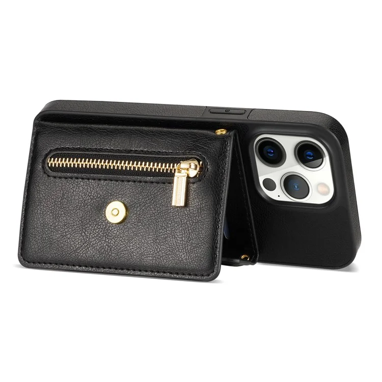 N.BEKUS Funda de Teléfono de Cuero PU + TPU para iPhone 15 Pro Max, Billetera con Bolsillo Con Cremallera y Soporte de Pie con Correa para el Hombro - Negro