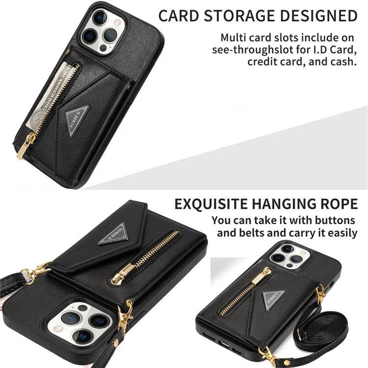 N.BEKUS Funda de Teléfono de Cuero PU + TPU para iPhone 15 Pro Max, Billetera con Bolsillo Con Cremallera y Soporte de Pie con Correa para el Hombro - Negro
