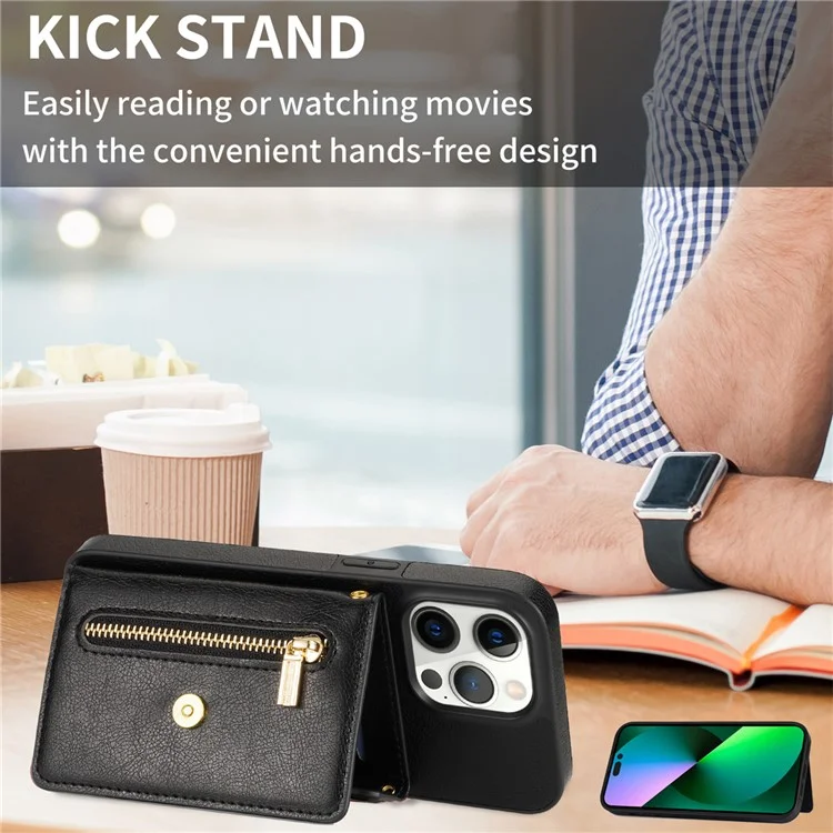 N.BEKUS Funda de Teléfono de Cuero PU + TPU para iPhone 15 Pro Max, Billetera con Bolsillo Con Cremallera y Soporte de Pie con Correa para el Hombro - Negro