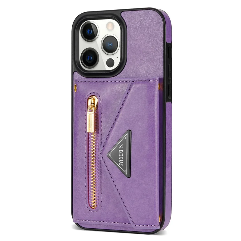 N.BEKUS PU Leather+TPU Phone Cover for iPhone 15 Pro Max , Zipper Pocket Wallet Kickstand Case with Shoulder Strap - Purple