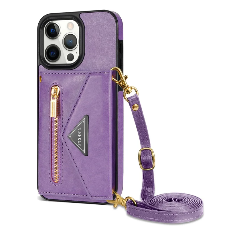 N.BEKUS PU Leather+TPU Phone Cover for iPhone 15 Pro Max , Zipper Pocket Wallet Kickstand Case with Shoulder Strap - Purple