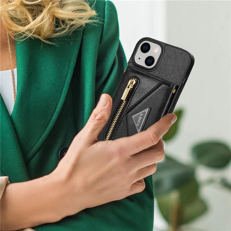 N.BEKUS PU Leder + TPU-Hülle für iPhone 15, Reißverschlusstaschen-Geldbörse mit Ständer und Schultergurt - Schwarz