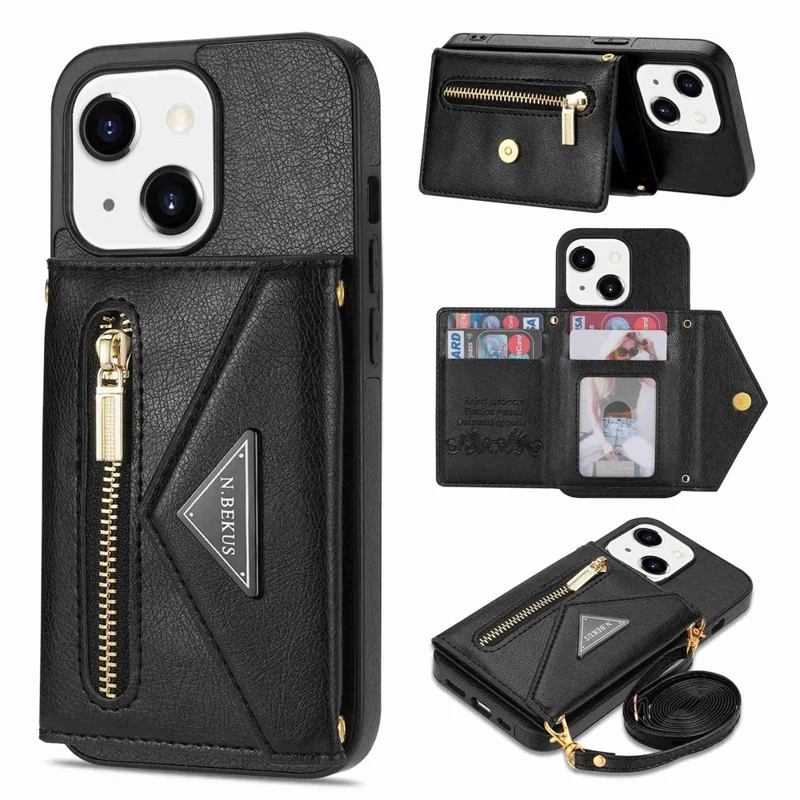 N.BEKUS Phone Cover für iPhone 15 Plus, Reißverschluss-Brieftaschen-Ständer aus PU-Leder+TPU-Hülle mit Schultergurt - Schwarz