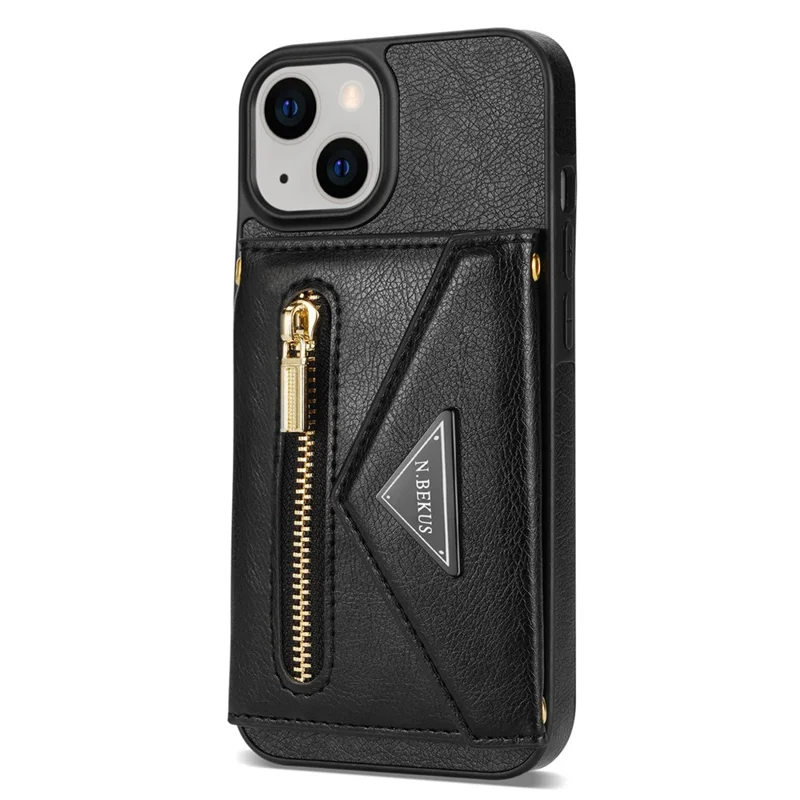 N.BEKUS Phone Cover für iPhone 15 Plus, Reißverschluss-Brieftaschen-Ständer aus PU-Leder+TPU-Hülle mit Schultergurt - Schwarz