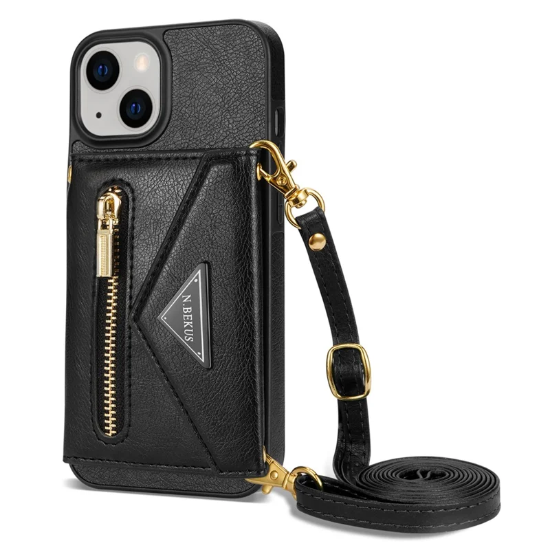 N.BEKUS Phone Cover für iPhone 15 Plus, Reißverschluss-Brieftaschen-Ständer aus PU-Leder+TPU-Hülle mit Schultergurt - Schwarz