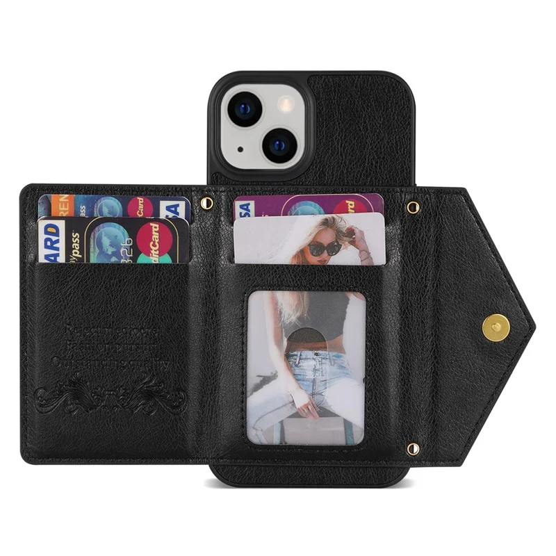 N.BEKUS Phone Cover für iPhone 15 Plus, Reißverschluss-Brieftaschen-Ständer aus PU-Leder+TPU-Hülle mit Schultergurt - Schwarz