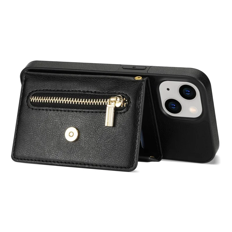 N.BEKUS Phone Cover für iPhone 15 Plus, Reißverschluss-Brieftaschen-Ständer aus PU-Leder+TPU-Hülle mit Schultergurt - Schwarz