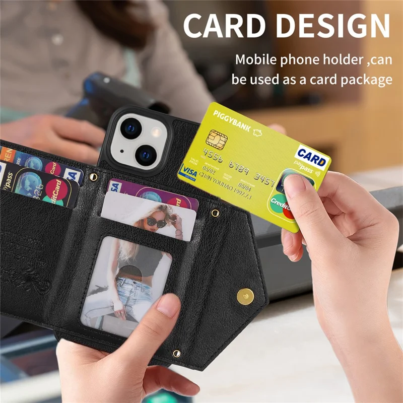 N.BEKUS Phone Cover für iPhone 15 Plus, Reißverschluss-Brieftaschen-Ständer aus PU-Leder+TPU-Hülle mit Schultergurt - Schwarz