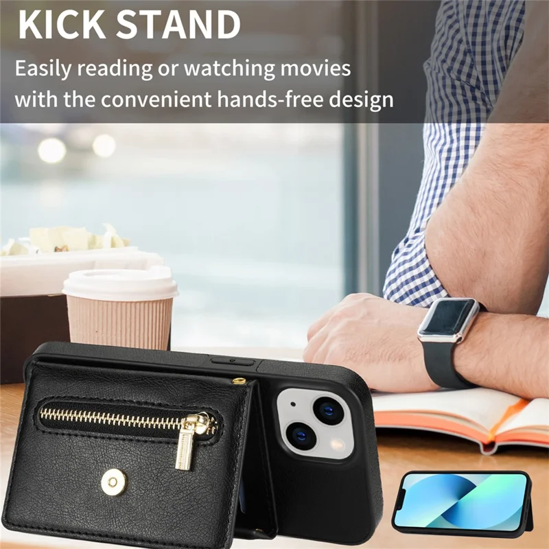 N.BEKUS Phone Cover für iPhone 15 Plus, Reißverschluss-Brieftaschen-Ständer aus PU-Leder+TPU-Hülle mit Schultergurt - Schwarz