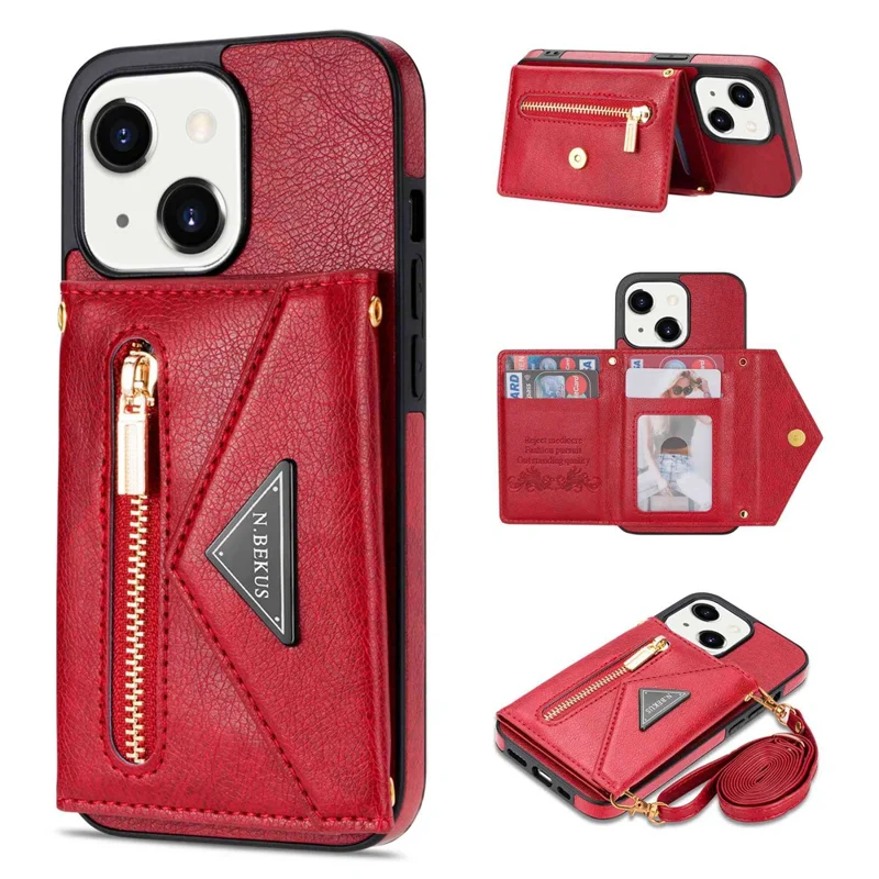 N.BEKUS Phone Cover for iPhone 15 Plus , Zipper Pocket Wallet Kickstand PU Leather+TPU Case with Shoulder Strap - Red