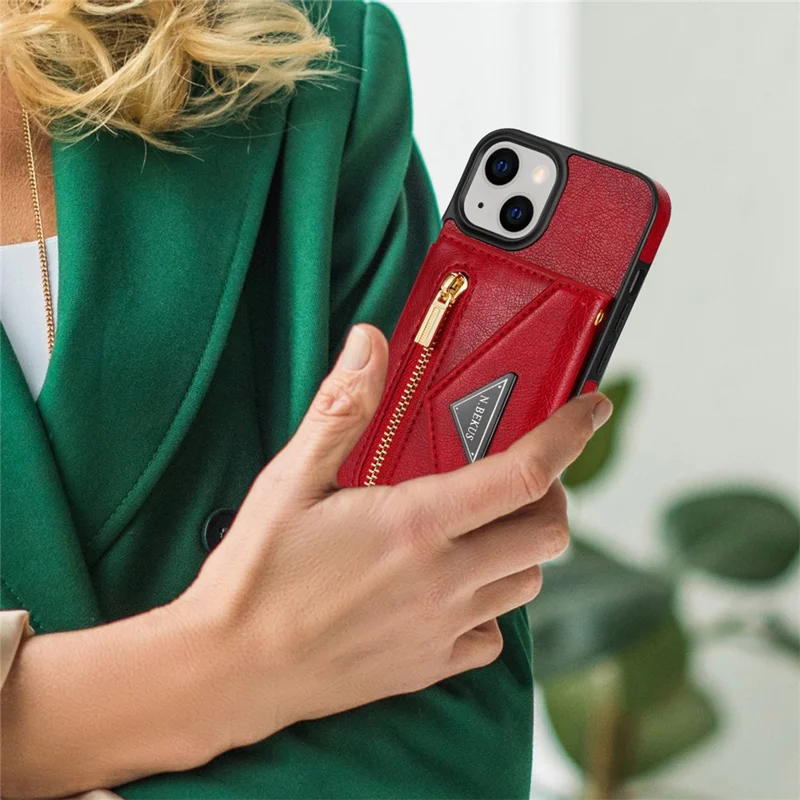 N.BEKUS Phone Cover for iPhone 15 Plus , Zipper Pocket Wallet Kickstand PU Leather+TPU Case with Shoulder Strap - Red
