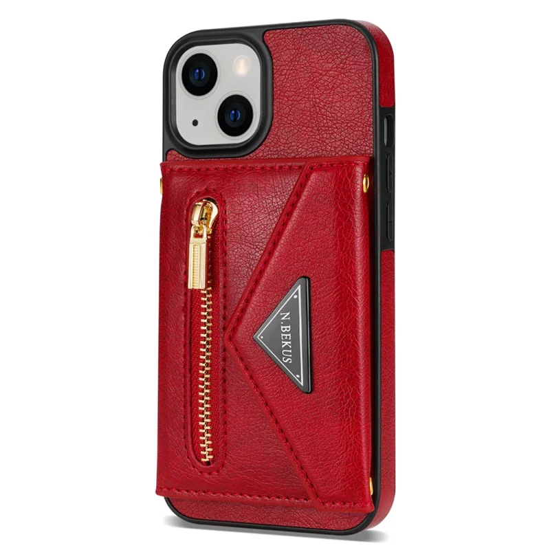 N.BEKUS Phone Cover for iPhone 15 Plus , Zipper Pocket Wallet Kickstand PU Leather+TPU Case with Shoulder Strap - Red