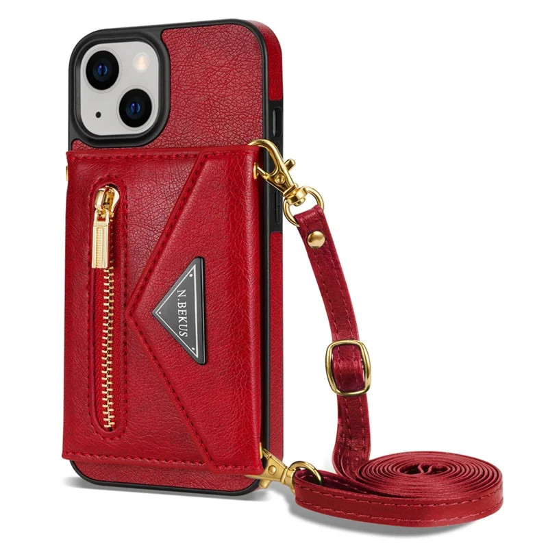 N.BEKUS Phone Cover for iPhone 15 Plus , Zipper Pocket Wallet Kickstand PU Leather+TPU Case with Shoulder Strap - Red