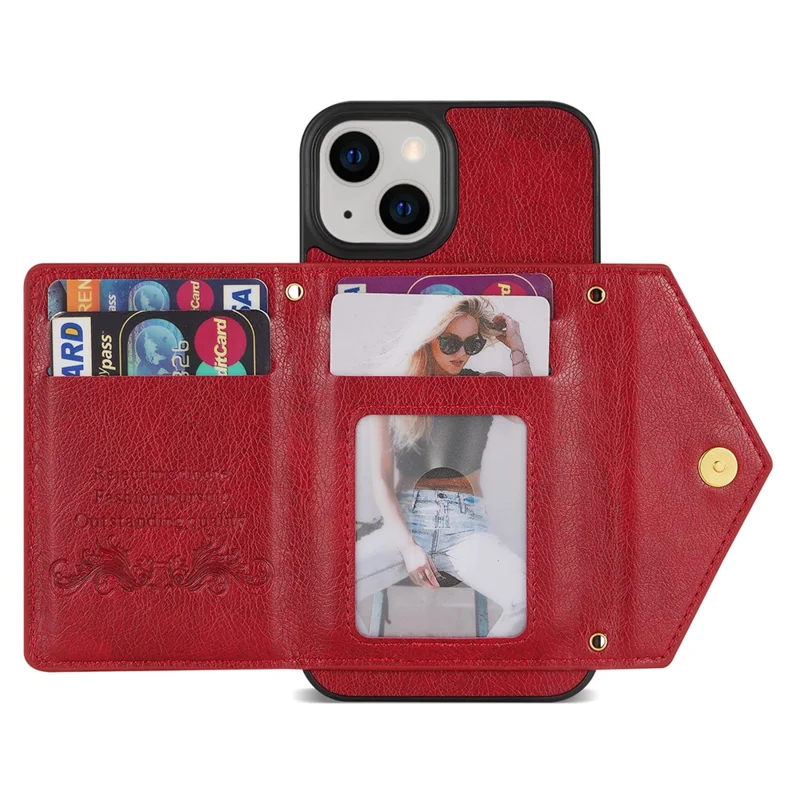 N.BEKUS Phone Cover for iPhone 15 Plus , Zipper Pocket Wallet Kickstand PU Leather+TPU Case with Shoulder Strap - Red