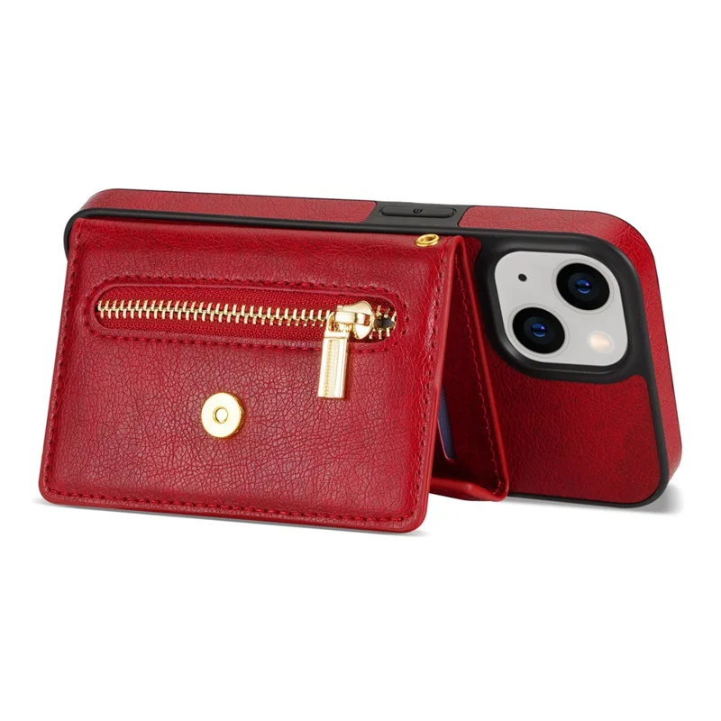 N.BEKUS Phone Cover for iPhone 15 Plus , Zipper Pocket Wallet Kickstand PU Leather+TPU Case with Shoulder Strap - Red