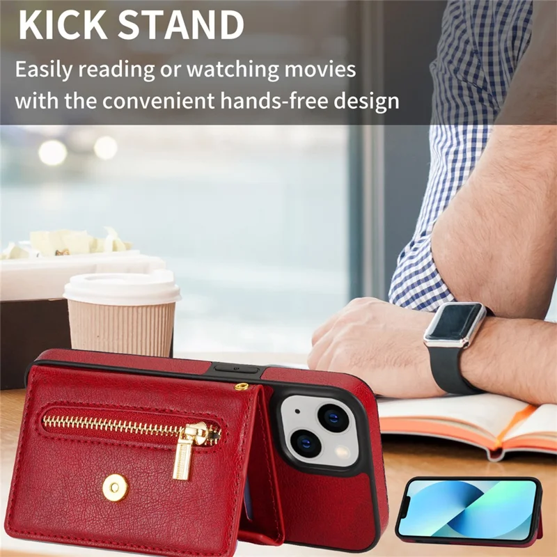 N.BEKUS Phone Cover for iPhone 15 Plus , Zipper Pocket Wallet Kickstand PU Leather+TPU Case with Shoulder Strap - Red
