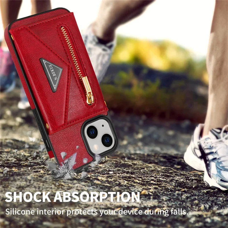 N.BEKUS Phone Cover for iPhone 15 Plus , Zipper Pocket Wallet Kickstand PU Leather+TPU Case with Shoulder Strap - Red