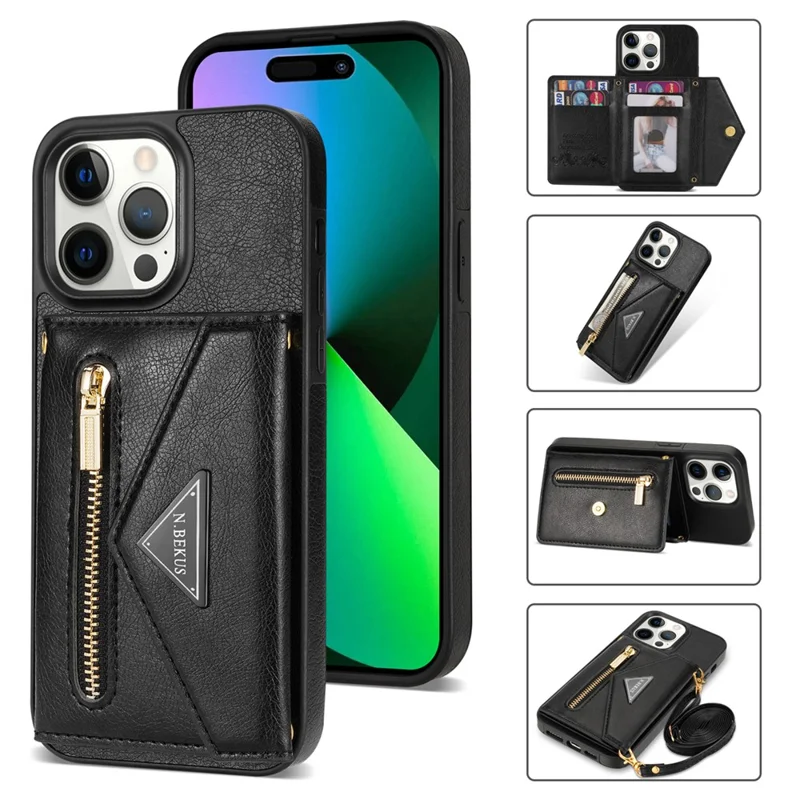 Coque de téléphone anti-goutte N.BEKUS pour iPhone 15 Pro, portefeuille avec poche zippée, support de table en PU et TPU - Noir